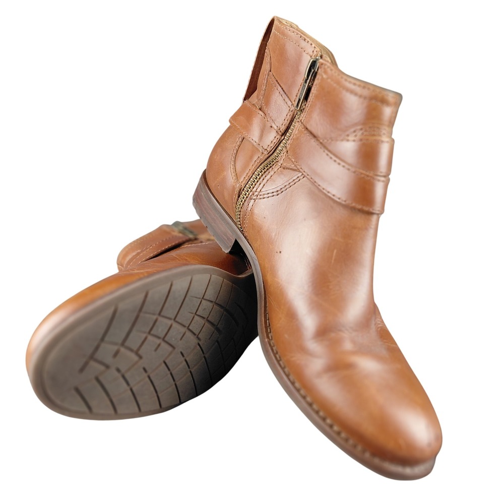 LL Bean Womens Leather Ankle Boots Cognac Brown Buckle Zip OSVG2 Size 7.5 M